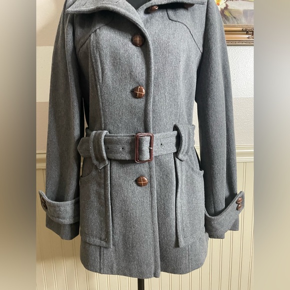 LOFT Charcoal Wool blend Belted Trench Coat size 8 - Picture 3 of 15